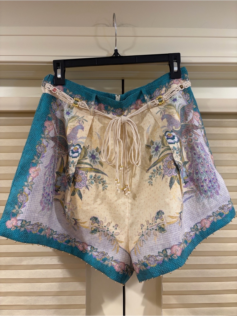 NWOT Zimmermann Floral Print Teal Linen Shorts with Belt, Size AU 0/1/2/3
